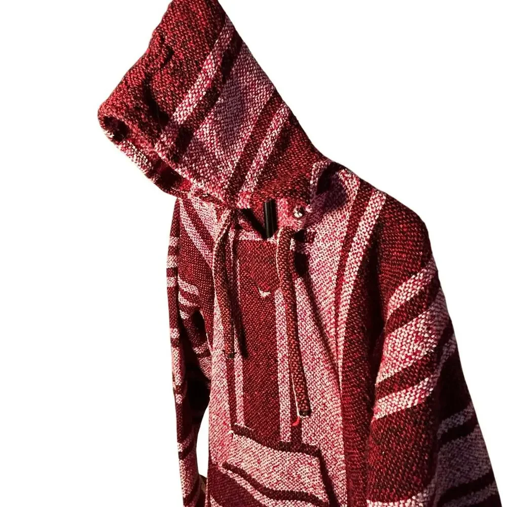 VTG Mexican Baja Hoodie Jerga Drug Rug Striped Red White Large Boho Gorpcore